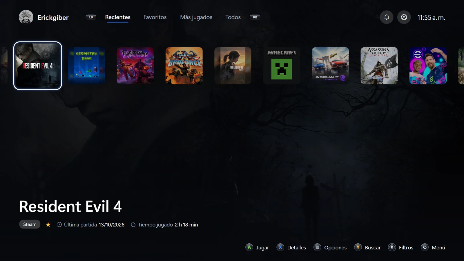 Pantalla de inicio de Vitral con la biblioteca de juegos